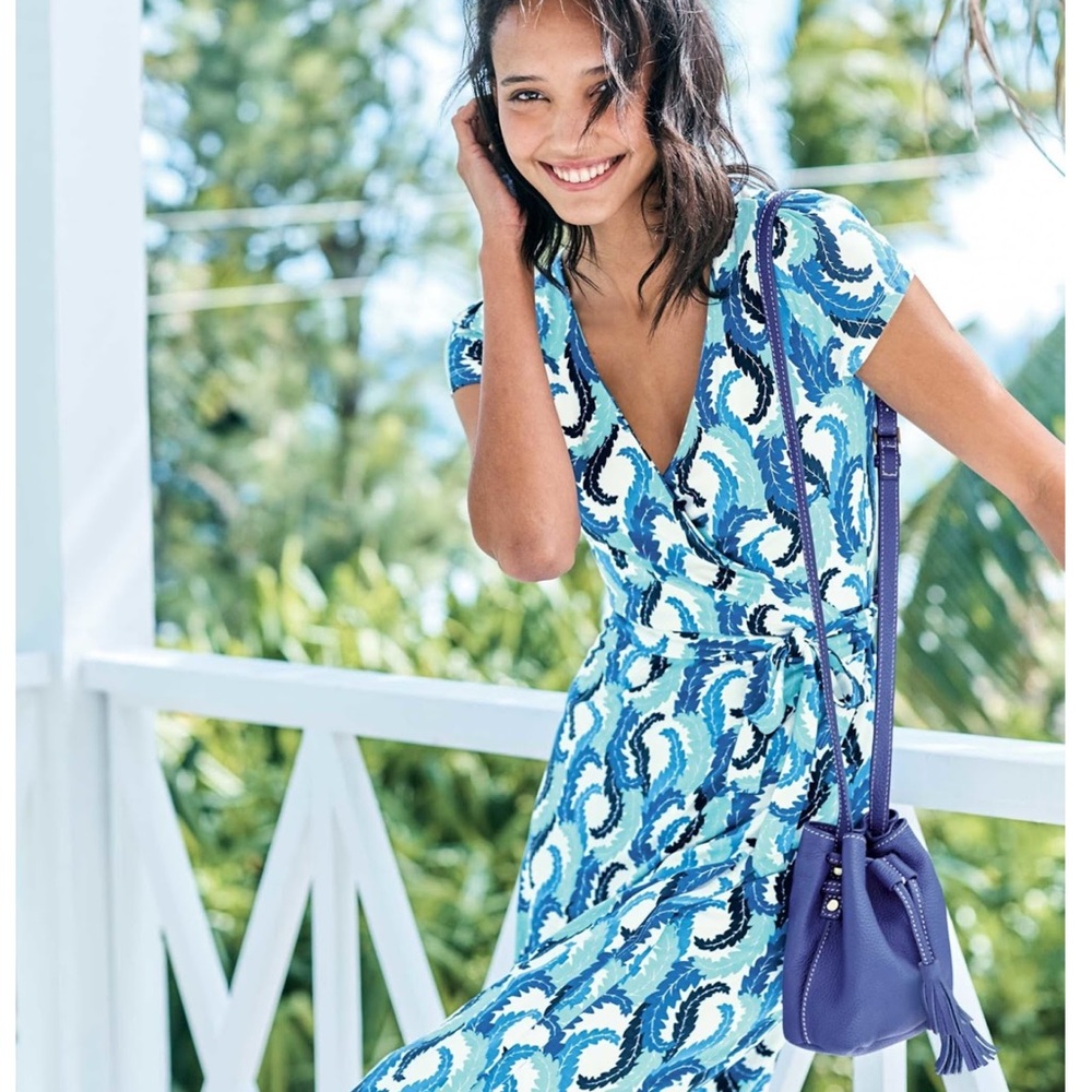 WOMEN’s BODEN SUMMER WRAP‎ MIDI V-NECK DRESS BLUE FEATHER LEAF PRINT JERSEY KNIT